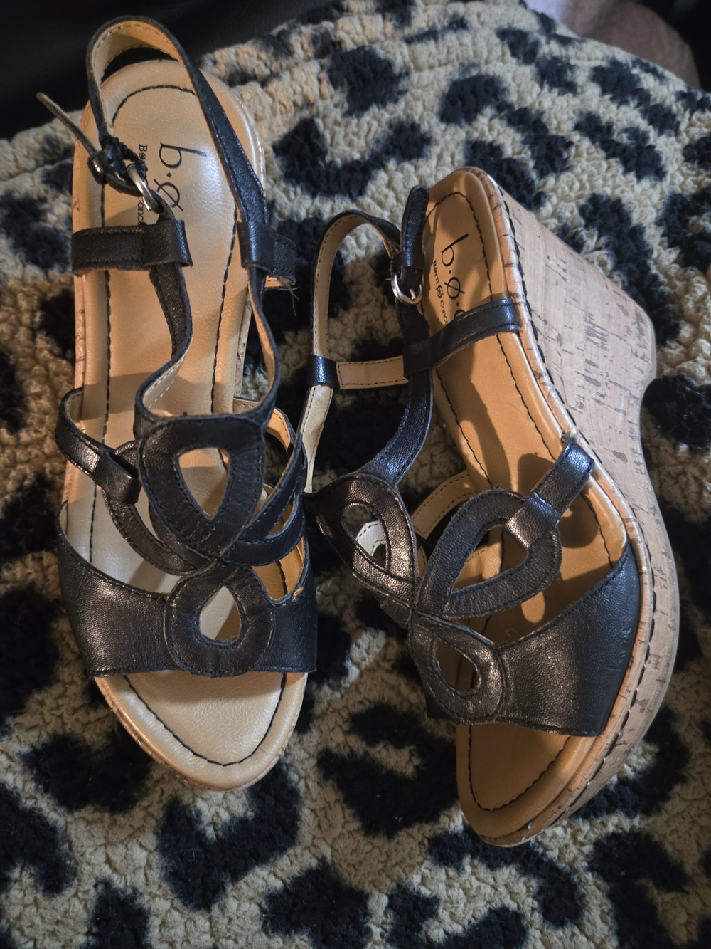 b.o.c. Black Strappy Leather-Look Cork Wedge Sandals